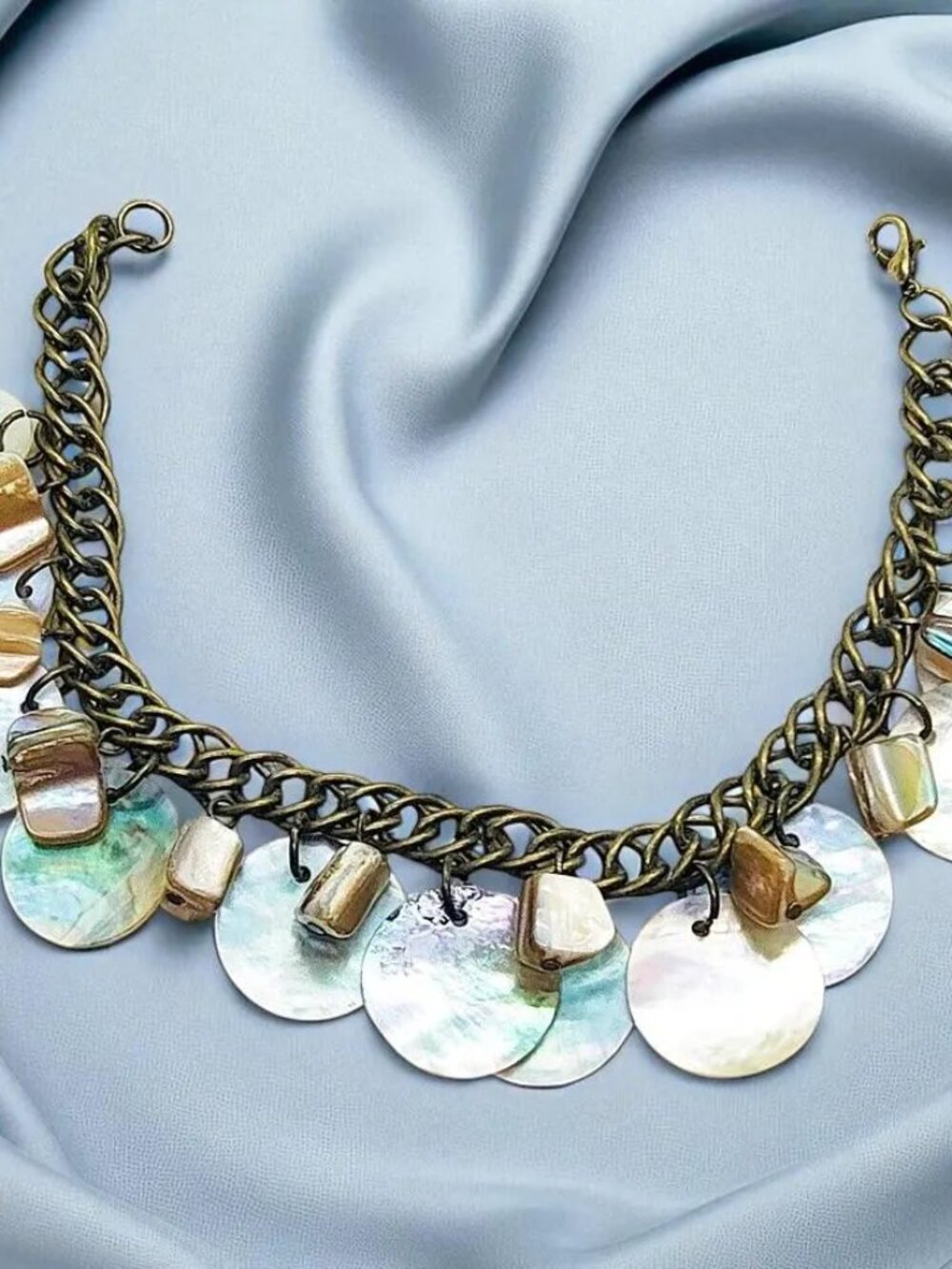 Handmade Bronze Mother of Pearl & Shell Charm Bracelet Summer Jewelry
